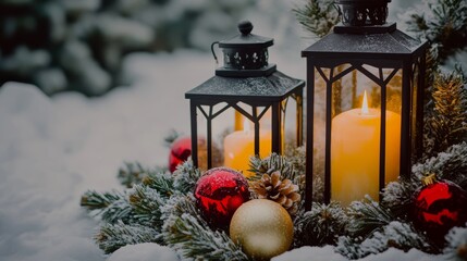 Wall Mural - Candles glow amid snow, flanked by festive ornaments.