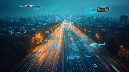 Aufkleber - Futuristic city with drone traffic and data visualization above a busy highway at night.