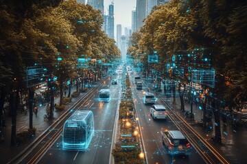 Poster - Futuristic cityscape with digital data and self-driving cars on a busy street.