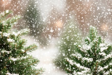 Wall Mural - Snowflakes gently fall on pine trees in a serene, snowy landscape.