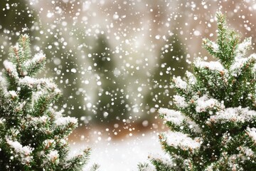 Wall Mural - Snowflakes gently fall on pine trees in a serene, snowy landscape.