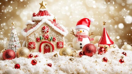 Wall Mural - Festive snow scene with a decorated snowman and a charming snow house.