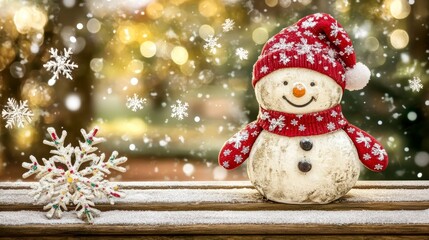 Sticker - A charming snowman perched on a ledge, gazing over a snowy landscape.