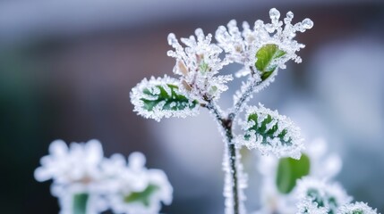 Wall Mural - Frost-kissed leaves of an arafed plant, with a soft, blurred background.