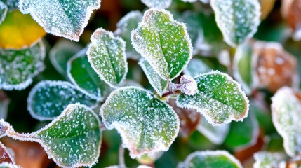 Sticker - Close-up of a frost-kissed plant, its leaves intricately rimmed with ice crystals.