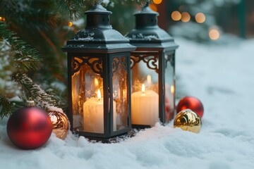 Wall Mural - Lantern with lit candles and festive ornaments nestled in snow.