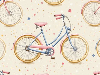 Aufkleber - Seamless pattern with vintage blue and pink bicycle on a light beige background with hearts and dots.