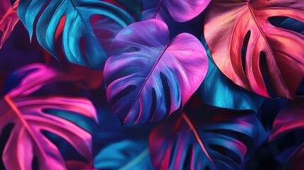 Wall Mural - creative fluorescent color layout made of tropical leaves with neon colors.