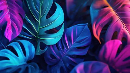 Wall Mural - creative fluorescent color layout made of tropical leaves with neon colors.