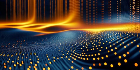 Wall Mural - dynamic abstract scene with flowing digital waves of blue and golden light particles