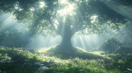 Wall Mural - sunlight streams through the branches of a large, ancient oak tree in a misty forest clearing.