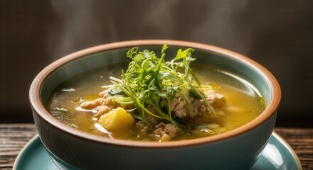 Wall Mural - Steaming bowl of homemade chicken soup with fresh herbs