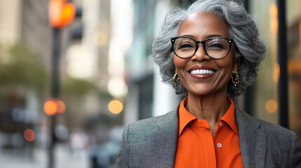 Poster - Portrait of a successful senior businesswoman smiling while walking in a city street