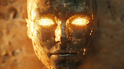 Aufkleber - A close-up of a metallic human face with glowing eyes against a textured background.