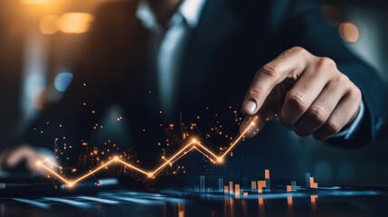 Wall Mural - business development concept with a businessman pointing at an arrow graph, symbolizing corporate fu