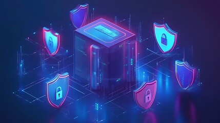 Poster - A 3D illustration of a server with five security shields surrounding it, symbolizing data protection.