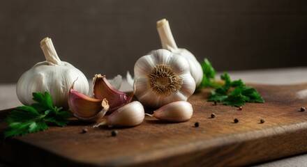 Canvas Print - Fresh garlic cloves on wooden cutting board with parsley