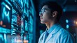 © Aisha - A side profile of an Asian male doctor, utilizing holographic displays to visualize treatment options for patients, in a futuristic healthcare environment