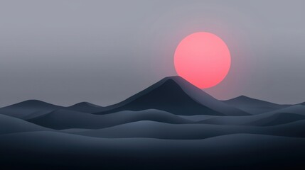Wall Mural - A mountain range with a large red sun in the sky