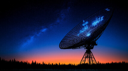 cosmic discovery: a colossal satellite dish stands sentinel against a breathtaking night sky, with a