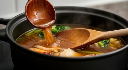 Wall Mural - Delicious homemade soup being stirred with wooden spoon