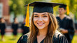 © Stewart Bruce - portrait of students celebrating graduating from University, student woman in mortarboard and bachelor gown.