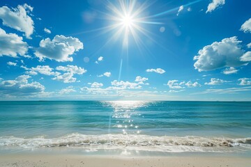 a serene beach scene with clear blue water and white sand. a bright sun shines in a blue sky with sc