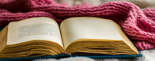 Cozy setting with an open book and a warm pink knitted blanket on a soft surface