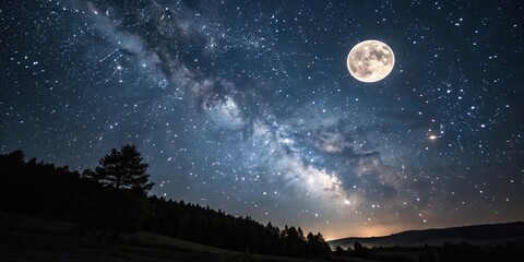 dark sky with numerous stars and a full moon, star field, astronomy, celestial body, night scene, lu