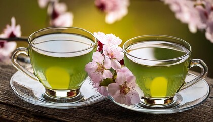 Artistic beautiful romance two cups of green tea with cherry blossom flower branch