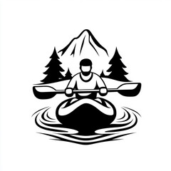 Stylized black white illustration of a man in a kayak, perfect for creating logos and icons for sports and recreational activities.