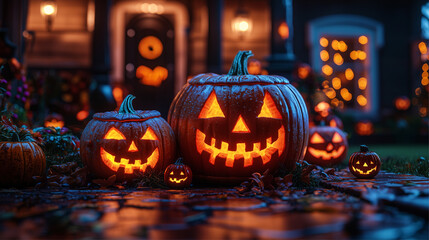 Vivid jack-o'-lanterns illuminate the autumn night, enhancing festive spirit.