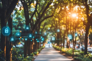 Aufkleber - A blurred background of a city street lined with trees and a digital network of lock icons overlayed on the path.