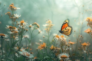 Wall Mural - A vibrant butterfly with orange and black wings rests on a delicate wildflower in a lush meadow A butterfly fluttering among wildflowers