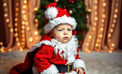 A newborn baby in a father christmas costume against a backdrop of lights christmas backdrop professional studio photography 