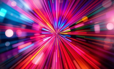 Wall Mural - Vibrant radial light burst, cosmic zoom effect, neon colors, pink and blue hues, abstract starburst pattern, dynamic motion blur, glowing bokeh circles, futuristic energy beam, high contrast, digital 