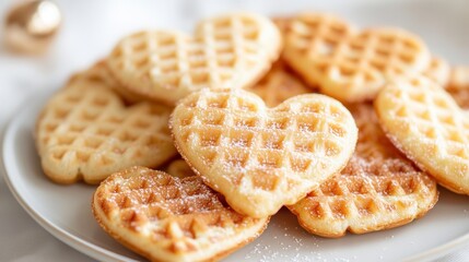 Canvas Print - Delicious heart-shaped waffles arranged beautifully on a plate, showcasing their intricate texture against a bright, natural backdrop