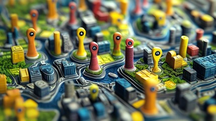 Poster - A close-up of a miniature city model with colorful pins marking various locations.