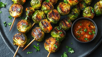 Poster - Grilled Brussels sprouts served on skewers with a vibrant orange sauce in a bowl, beautifully lit during the golden hour on a grey plate