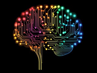 Leinwandbilder - A colorful circuit board shaped like a human brain glows against a black background.