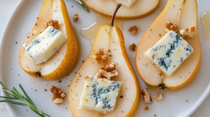 Wall Mural - Delicious pear halves topped with blue cheese, nuts, honey, and rosemary on a white plate