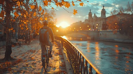 Wall Mural - Happy man walking with bicycle near railing on sunny day