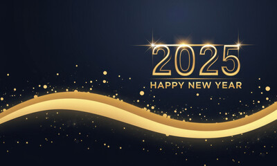 Wall Mural - 2025 new year with abstract shiny color gold wave design element and glitter effect on dark backgrou