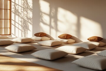 Wall Mural - tranquil meditation room with sunlight cushions