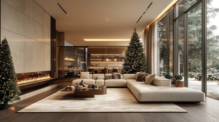 Modern living room decorated for Christmas with a large sectional sofa, two Christmas trees, a fireplace, and large windows overlooking a snowy forest.