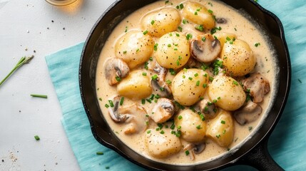 Wall Mural - Creamy potatoes and mushrooms in cast-iron pan on turquoise tablecloth against light gray background