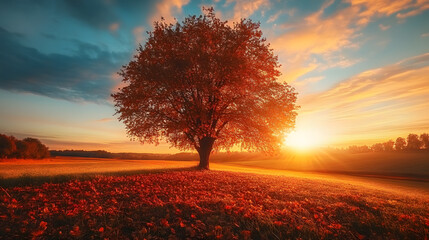 Wall Mural - a serene autumn sunset illuminates a golden field with vibrant orange and red leaves under a large t