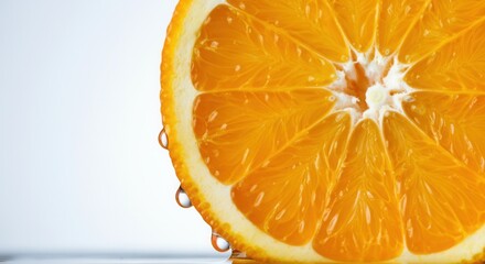 Wall Mural - Vibrant orange slice with refreshing water droplets on white background
