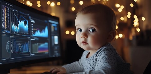 Leinwandbilder - A curious baby looks at the screen of a computer with a stock market graph on it.