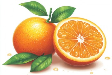 Wall Mural - Fresh juicy orange fruit with green leaves droplets